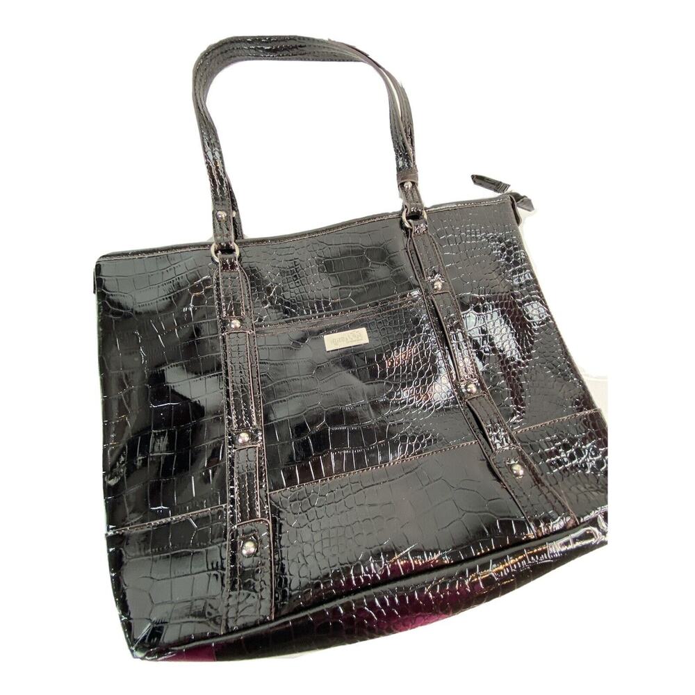 Large Black Patent Faux Leather Shoulder Bag Crocodile Purse Shopper 13x17x3